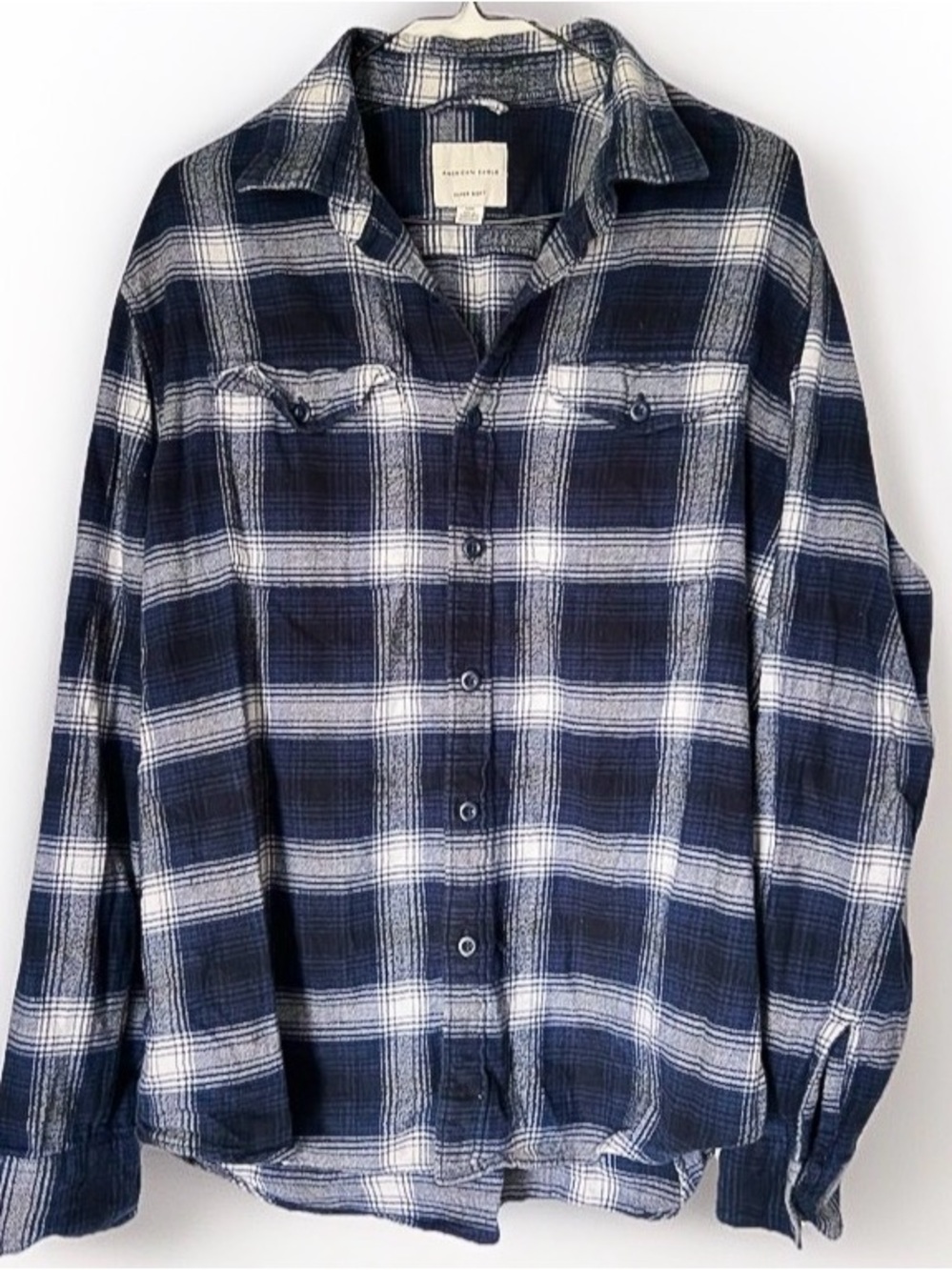 American Eagle Super Soft Plaid Flannel Button Shirt Men’s Size Large Navy Blue